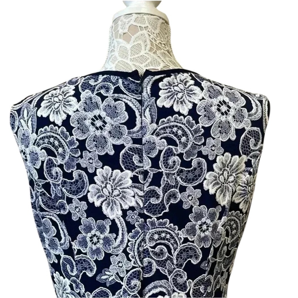 Navy & White Floral Lace Print Sleeveless A-Line Dress - Picture 7 of 8